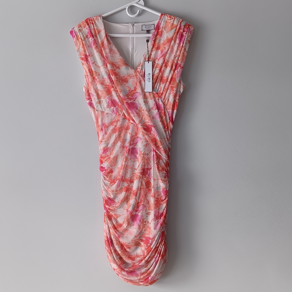 NEW BCBG Sleeveless Dress V-Neck Ruching Abstract Floral Spring White Pink Large